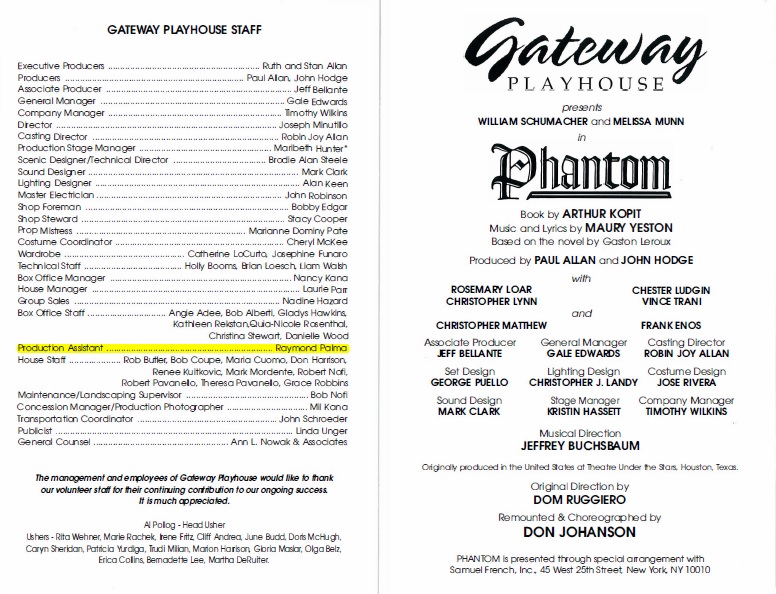 Gateway Playhouse Phantom Production Playbill